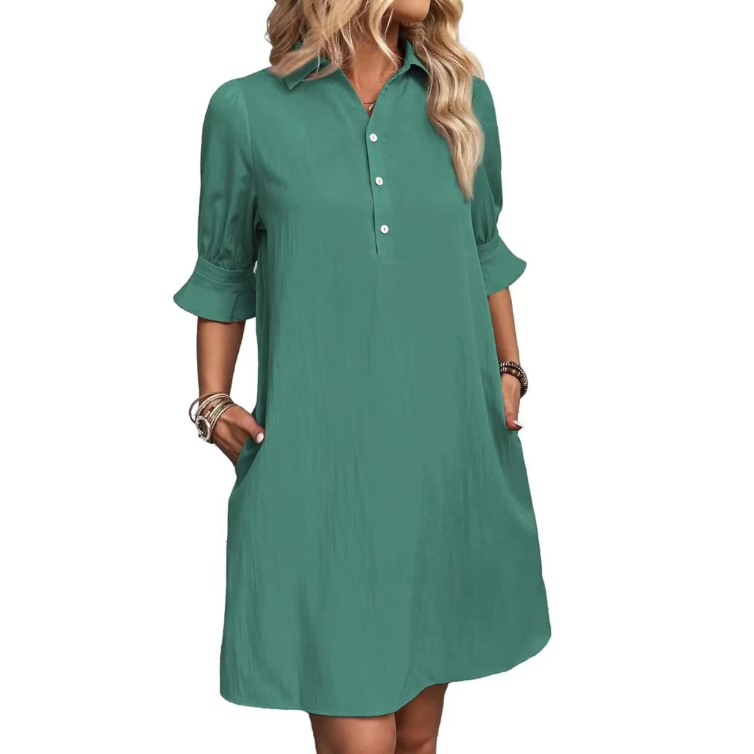 Collar Half Button Puff Sleeve Ruffle Cuff Casual Shirt Dress