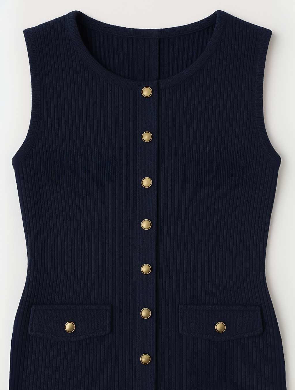 Ribbed Knit Gold Button Sleeveless A Line Midi Dress