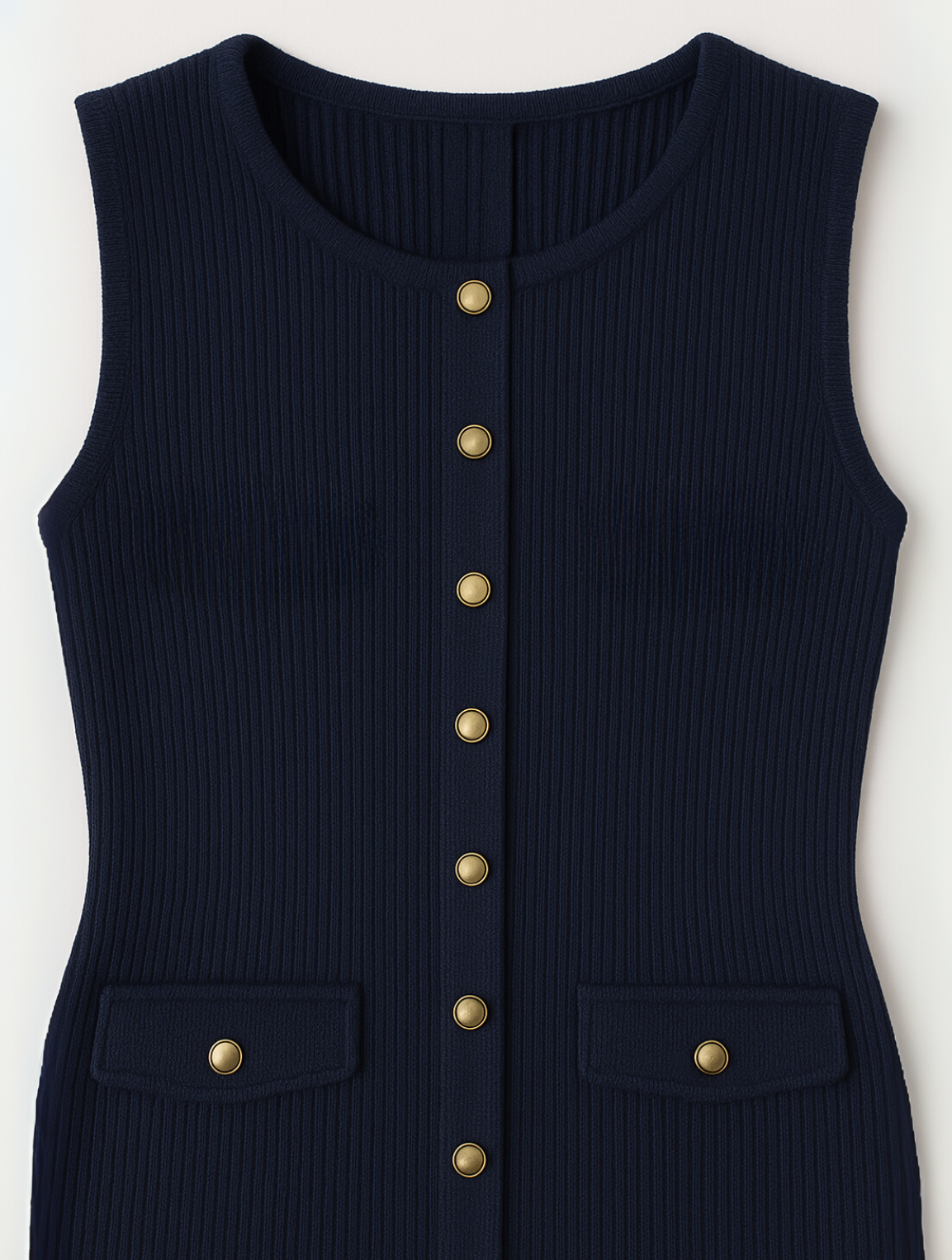 Ribbed Knit Gold Button Sleeveless A Line Midi Dress