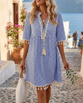 Geometric Print Tassel Tie Neck Half Sleeve Casual Mini Dress