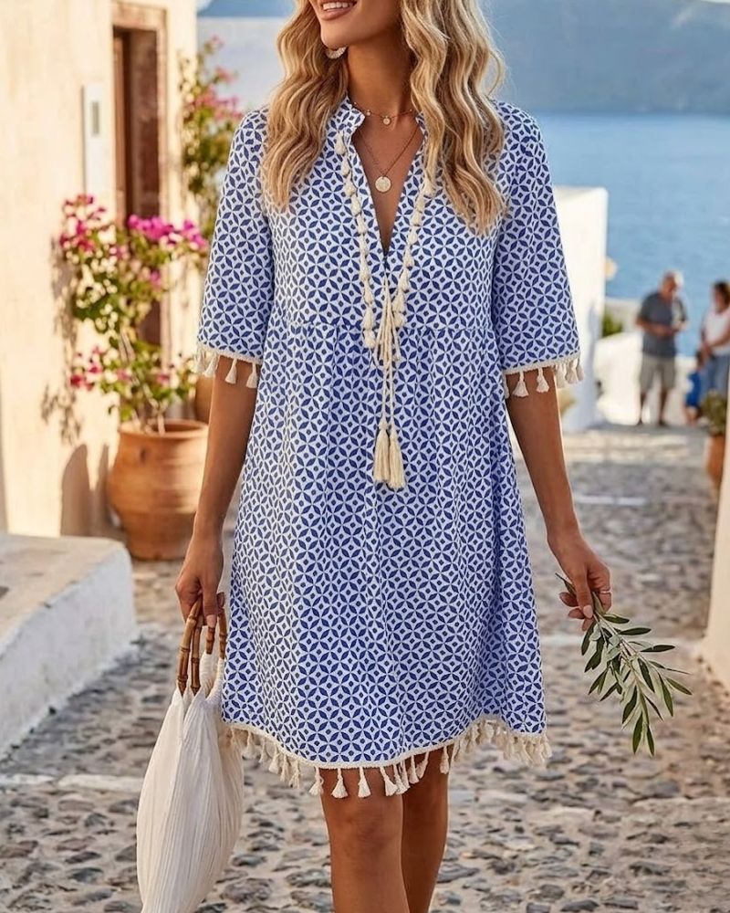 Geometric Print Tassel Tie Neck Half Sleeve Casual Mini Dress