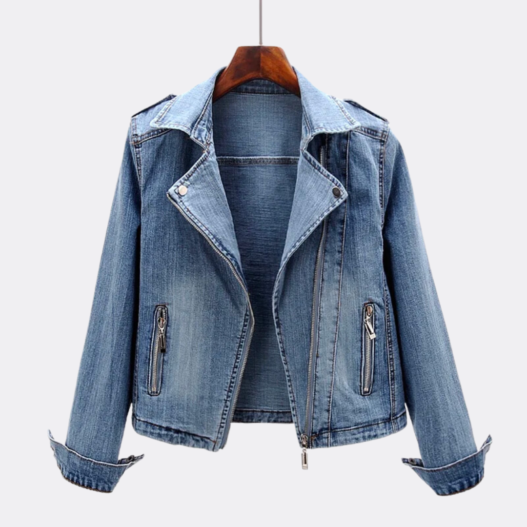 Fitted Zip-Front Denim Moto Jacket for Casual Style