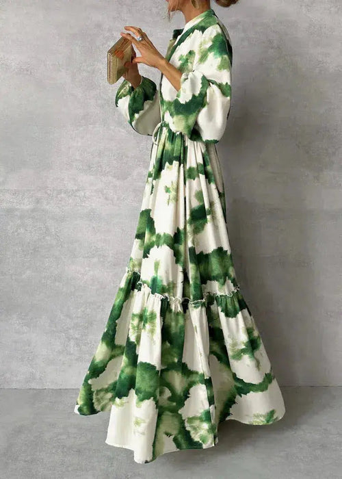 Abstract Print Tie Waist Long Sleeve Tiered Maxi Dress