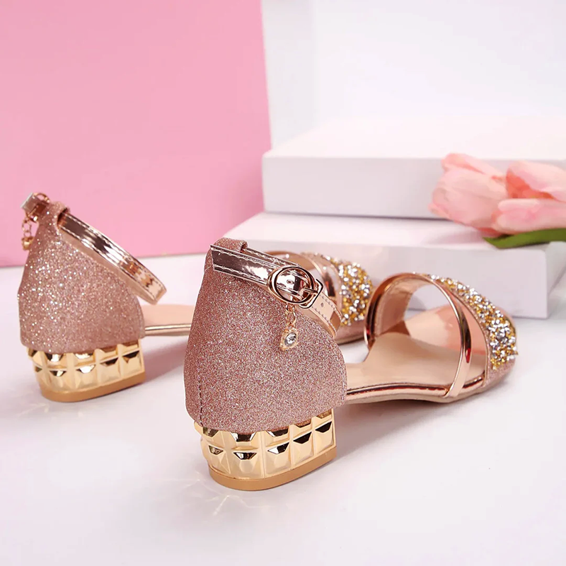 Rhinestone Embellished Chain Ankle Strap Low Block Heel Sandal