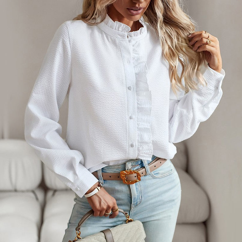 Textured Ruffle Trim Button Down Long Sleeve Blouse