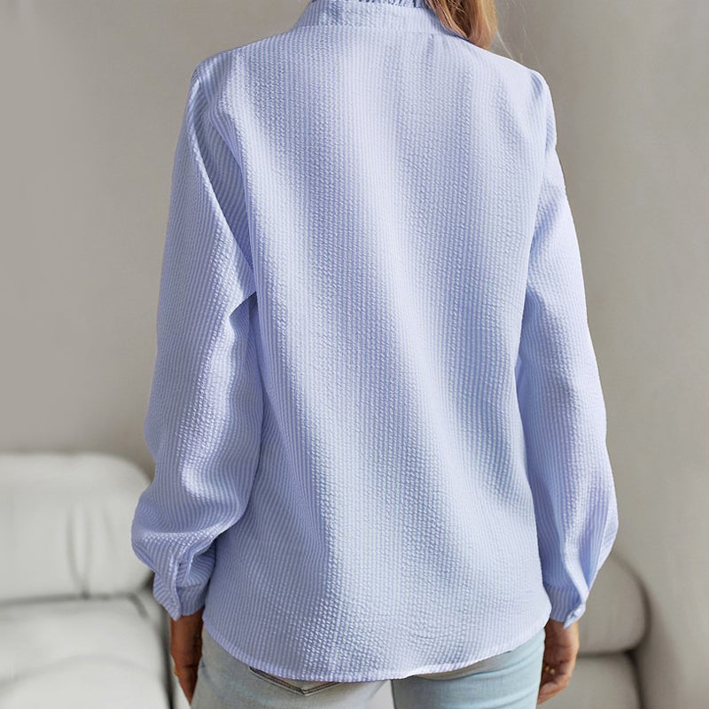 Textured Ruffle Trim Button Down Long Sleeve Blouse