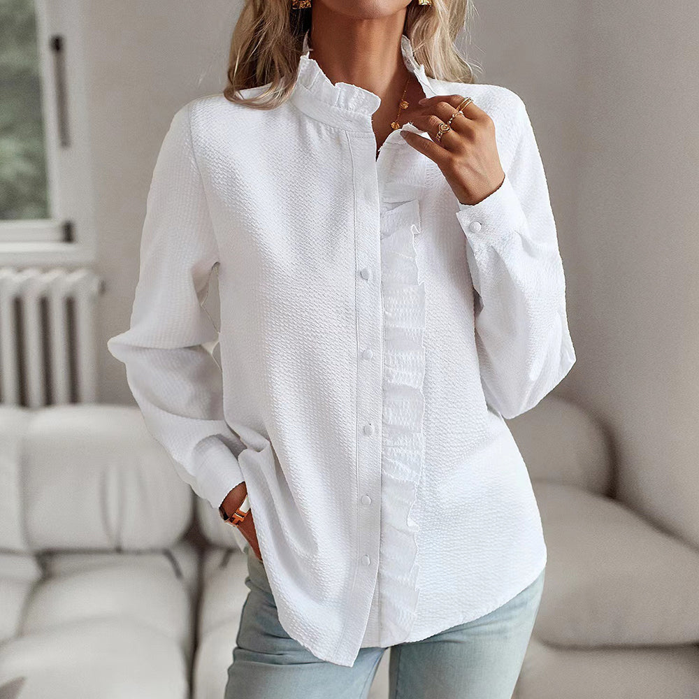 Textured Ruffle Trim Button Down Long Sleeve Blouse