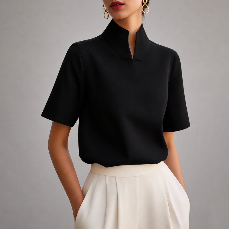Mock Neck V-Cut Structured Blouse