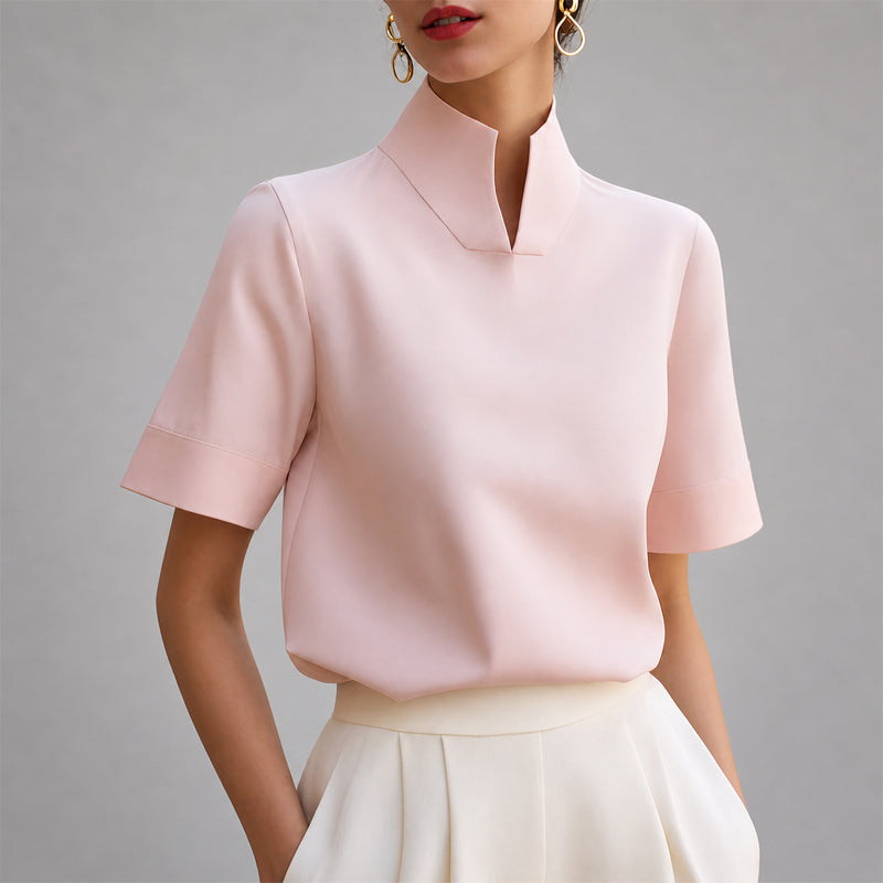 Mock Neck V-Cut Structured Blouse