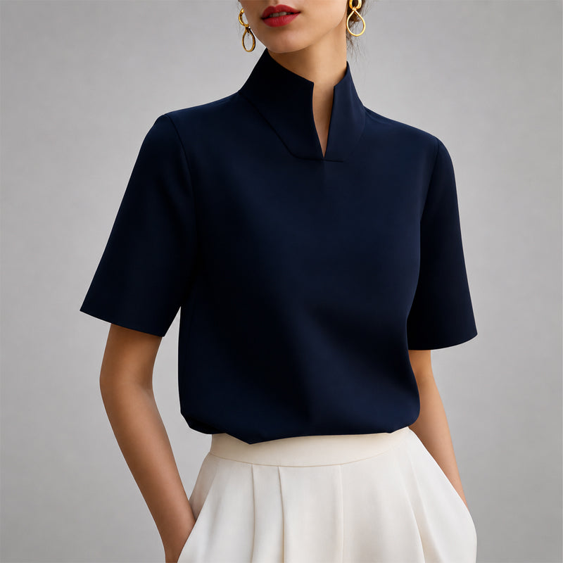 Mock Neck V-Cut Structured Blouse