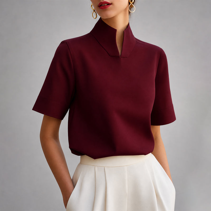 Mock Neck V-Cut Structured Blouse