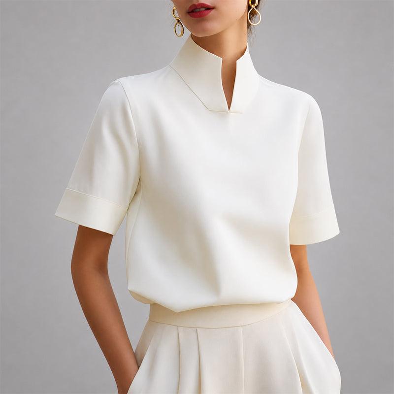 Mock Neck V-Cut Structured Blouse
