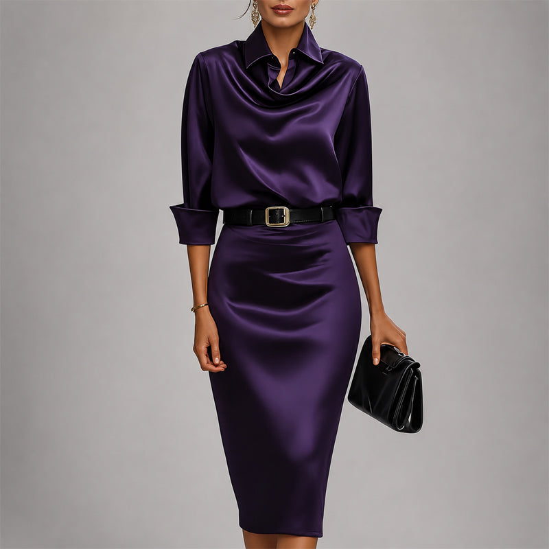 Cowl Neck Belted Shirt Midi Dress