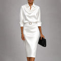 Cowl Neck Belted Shirt Midi Dress