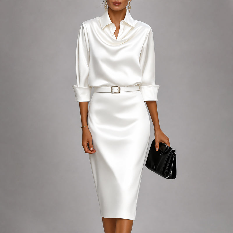 Cowl Neck Belted Shirt Midi Dress