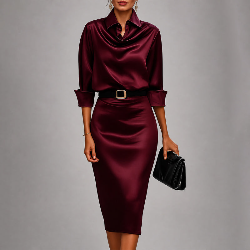 Cowl Neck Belted Shirt Midi Dress