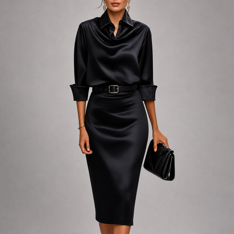 Cowl Neck Belted Shirt Midi Dress