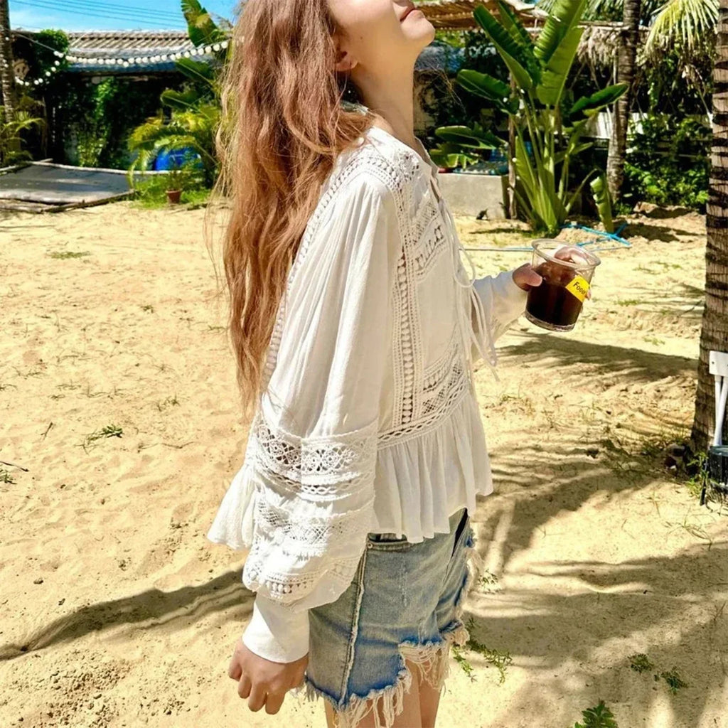 Empty Lace Ethnic Extended Sleeve Frills Boho Blouse