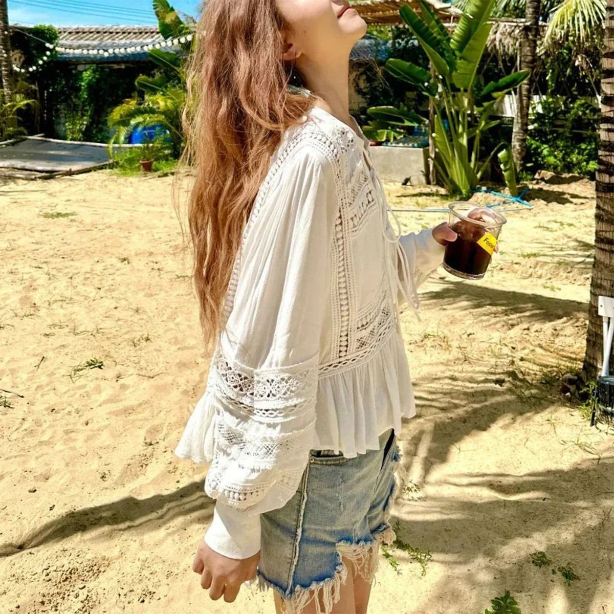 Empty Lace Ethnic Extended Sleeve Frills Boho Blouse