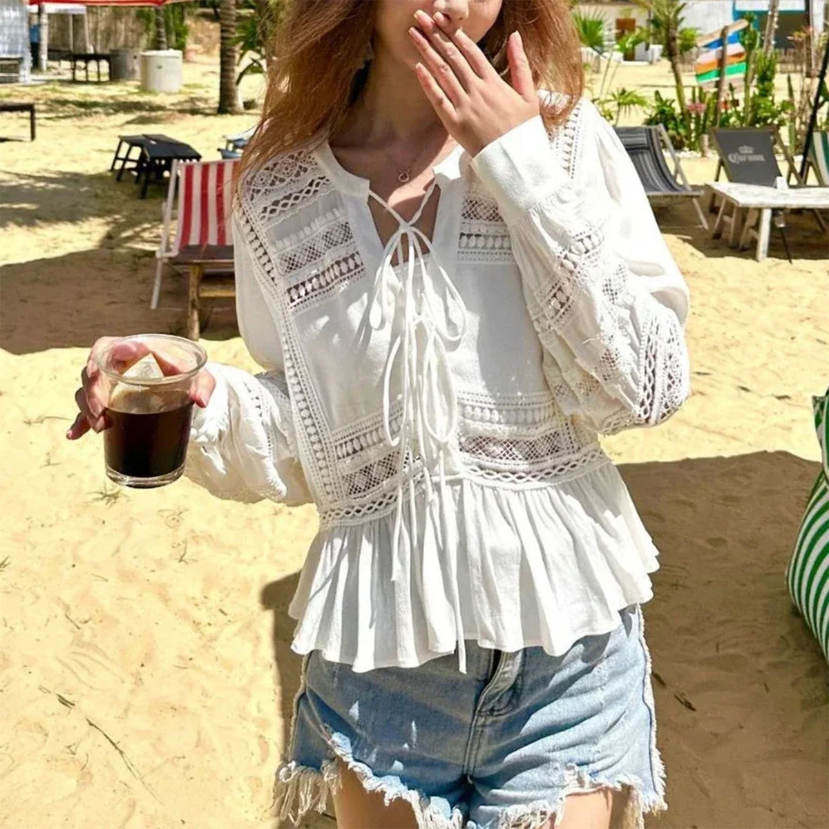 Empty Lace Ethnic Extended Sleeve Frills Boho Blouse
