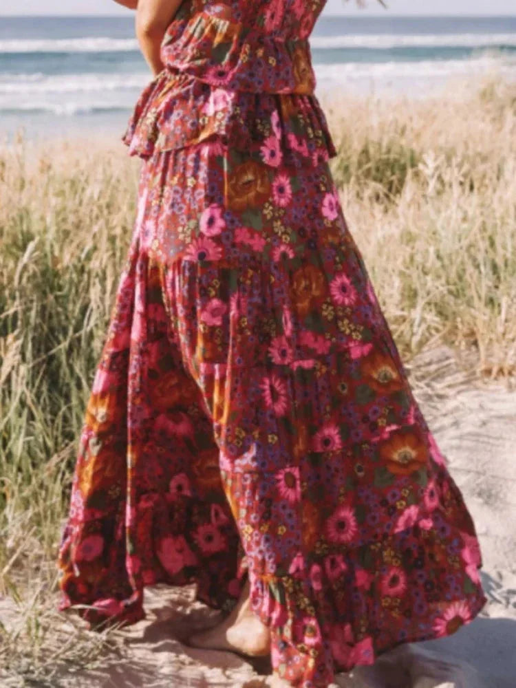 Vintage Fashion Bohemian Red Floral Print Beach Long Skirt