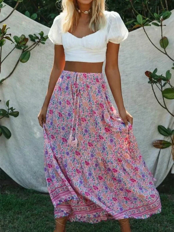 Vintage Pink Floral Print Split Beach Bohemian Maxi Skirt