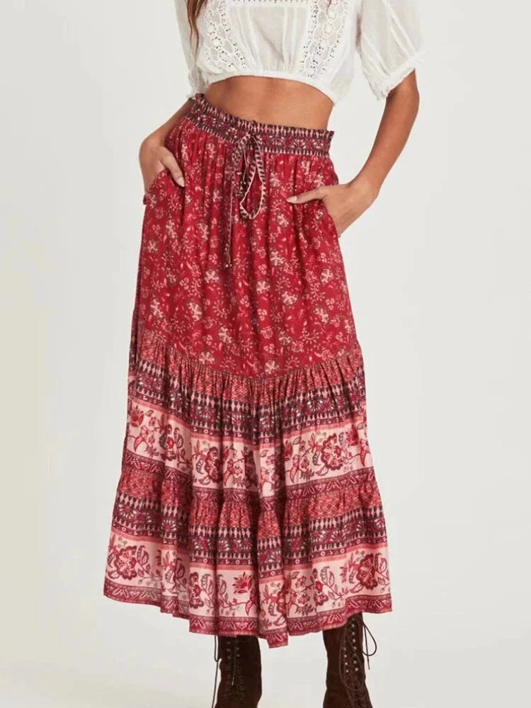 Vintage Chic Hippie Floral Peacock Printed High Waist Rayon A-Line Midi Boho Skirt
