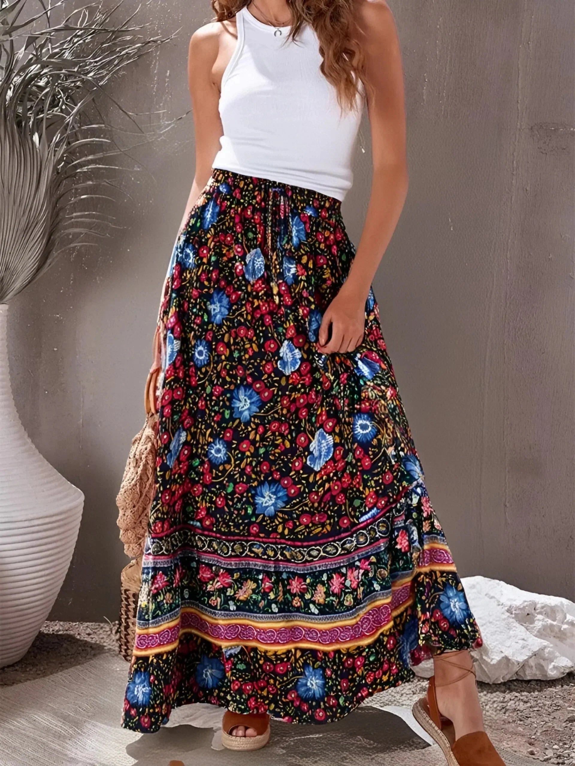Vintage Chic Red Floral Printed Beach Bohemian Rayon Pleated A-Line Skirt