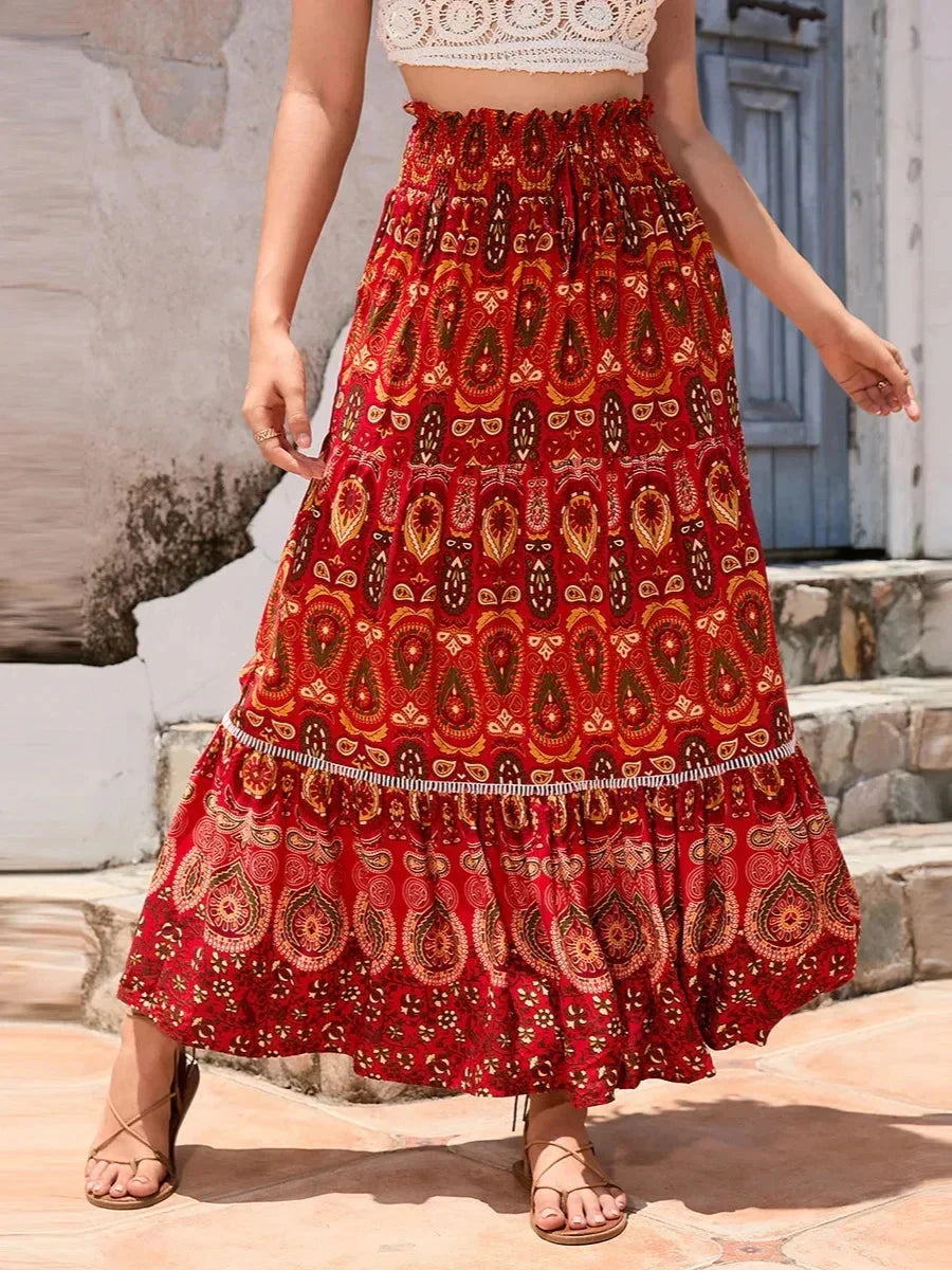 Vintage Beach Bohemian Floral Print Elastic Waist A-Line Skirt