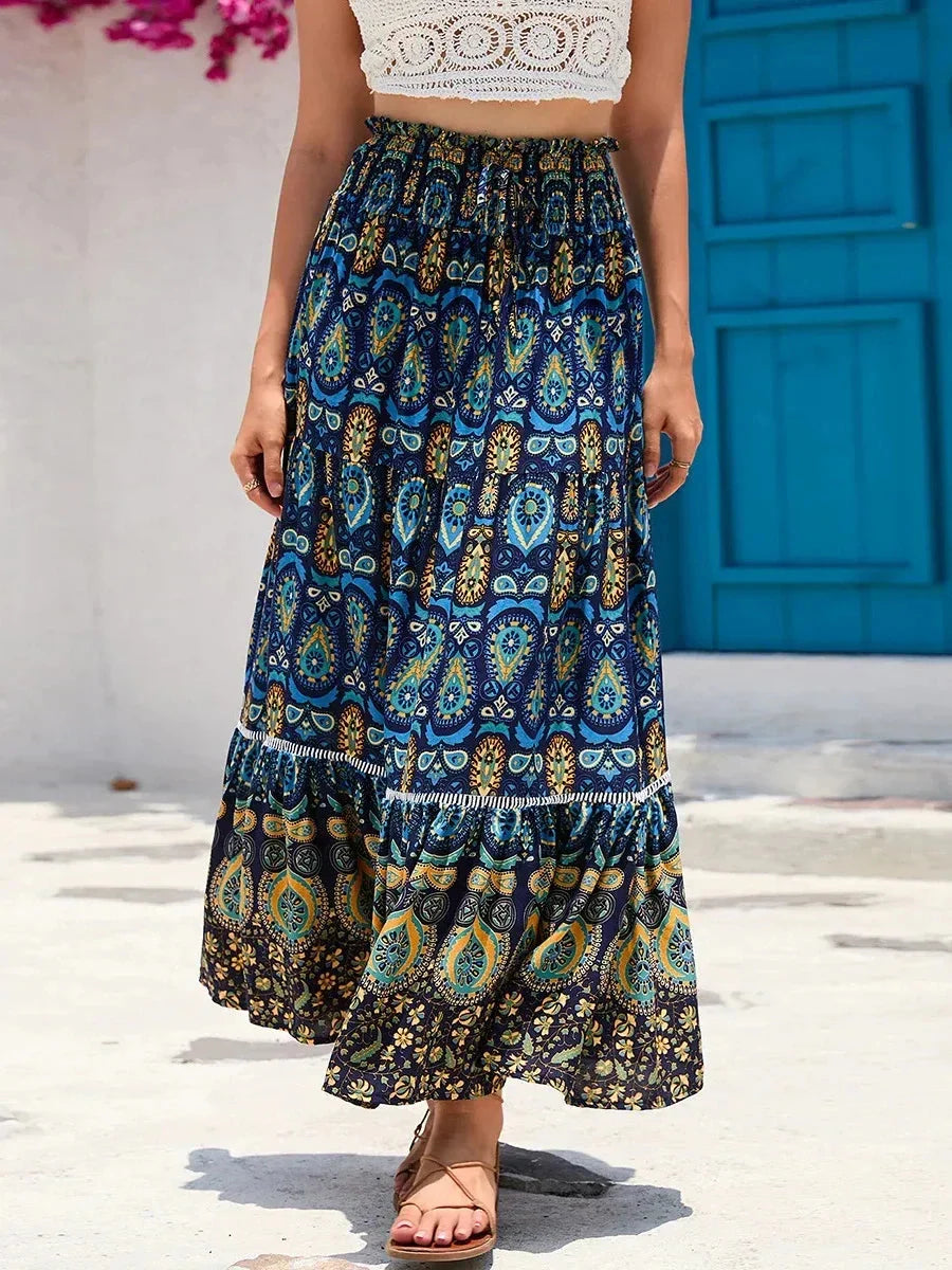Vintage Beach Bohemian Floral Print Elastic Waist A-Line Skirt