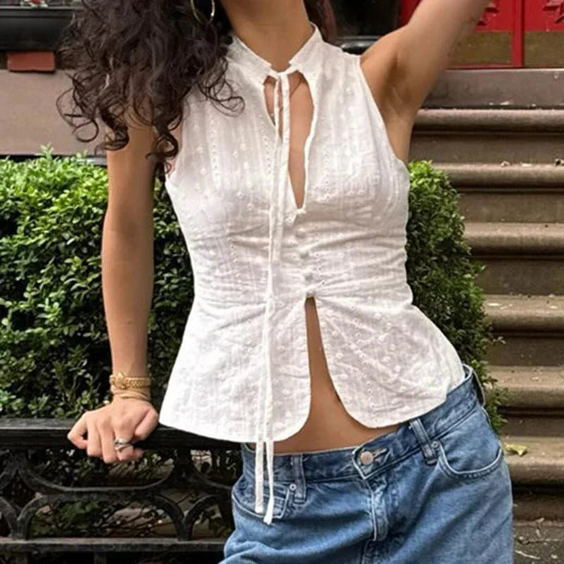 Vintage Jacquard Tie Up Neck Front Cutout Y2K Cottage Streetwear Crop Top