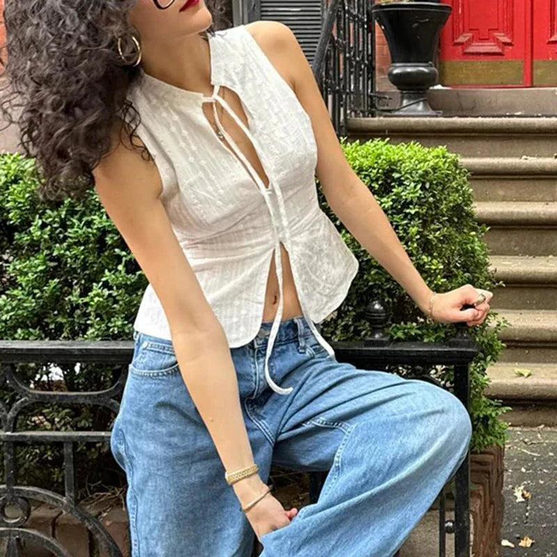 Vintage Jacquard Tie Up Neck Front Cutout Y2K Cottage Streetwear Crop Top