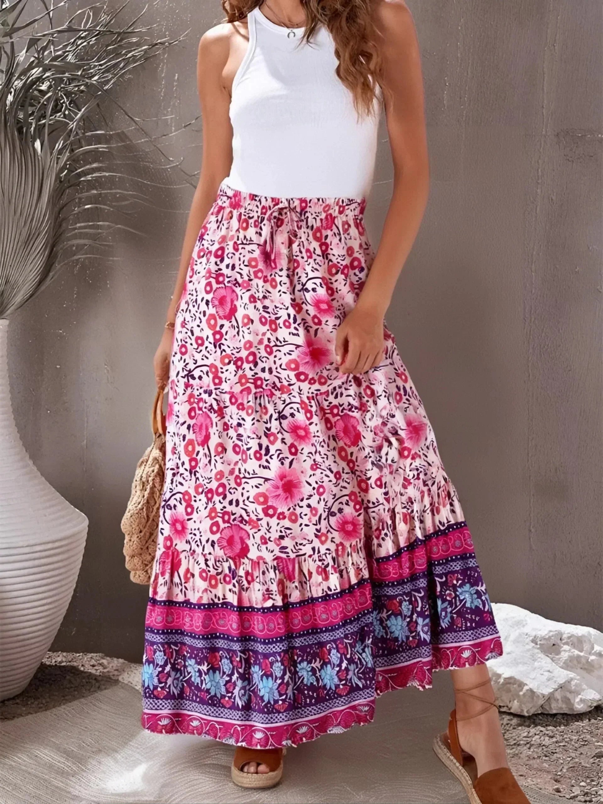 Vintage Women Tassel Elastic Boho Pink Floral Printed Vacation Beach Skirt