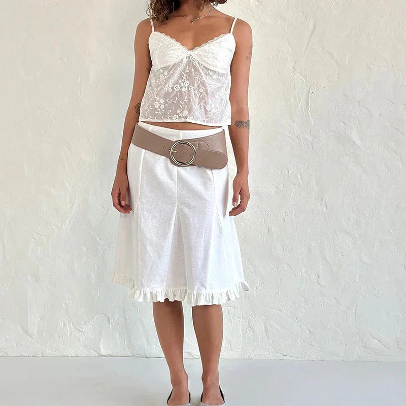 White Jacquard Floral Lace Trim V Neck Kawaii Fairycore 00s Y2K Camisole Crop Top