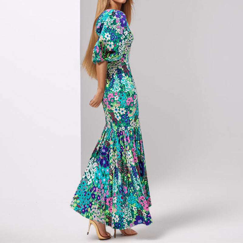 Stylish Azure Floral Lantern Sleeve Dress