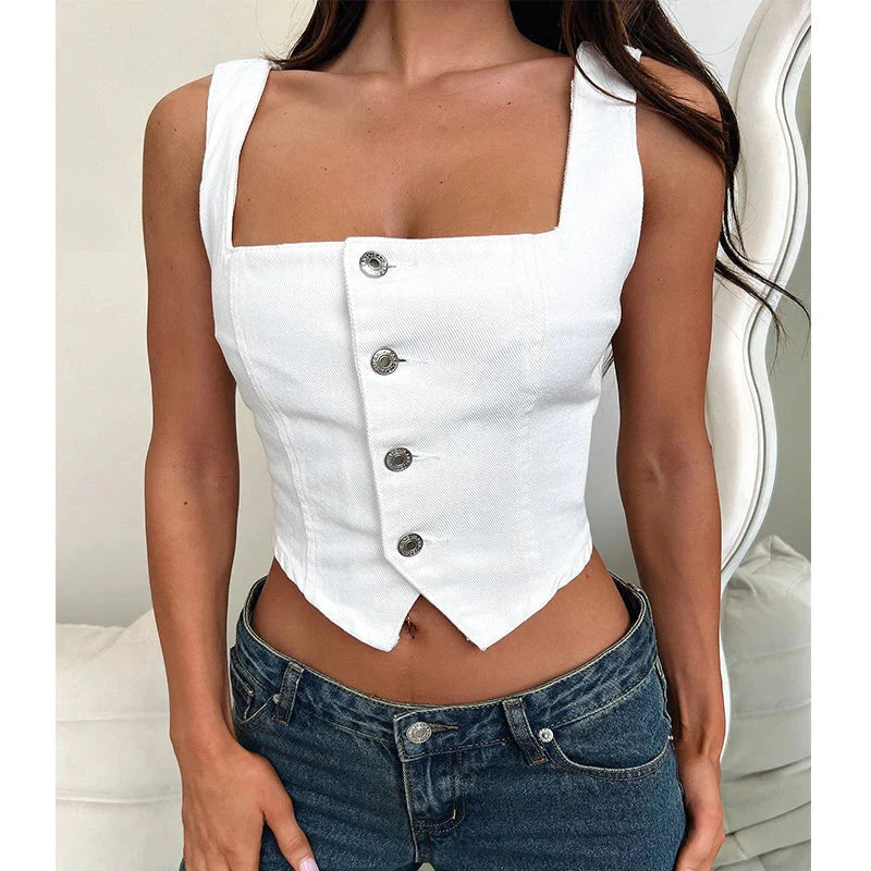 Denim Button Boat Crop Top