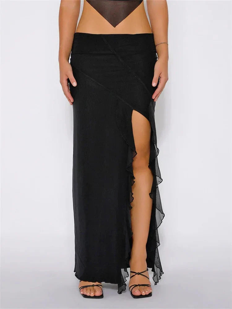 Frill Tulle Floral Low Waist High Split Bohemian Skirt