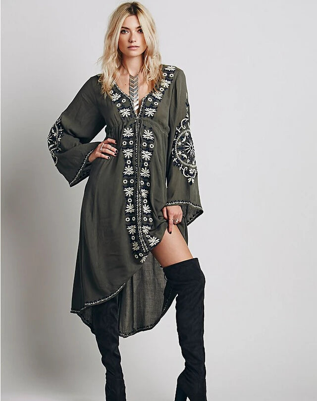 Extended Sleeve Flower Stitched Cotton Bohemian Dress