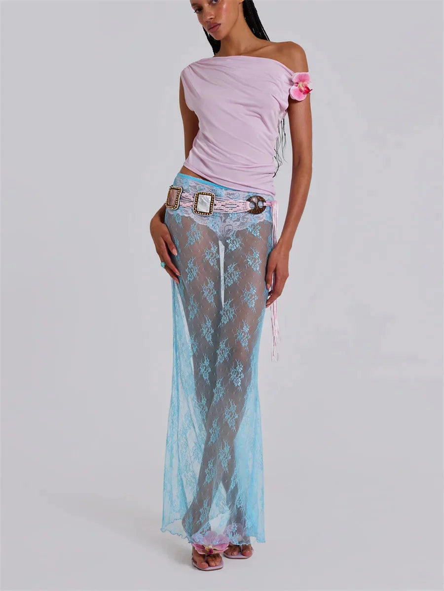 Lace Sheer Maxi Split Sexy See Through Cover Up Beach Skirt