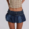 Denim Ruffle Buckled Belted Skirt
