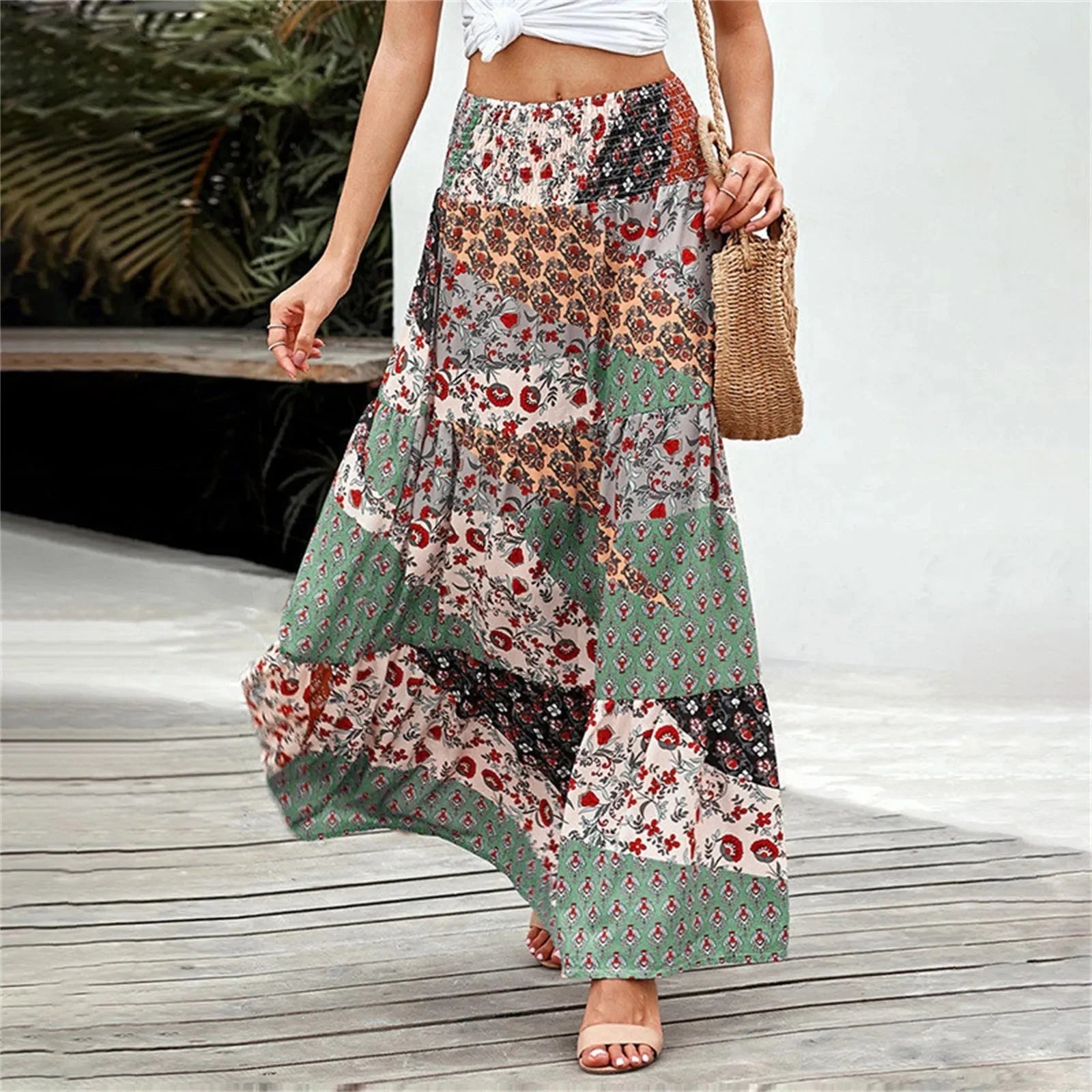 Bohemian Elastic Waist Floral Print Vintage Skirt
