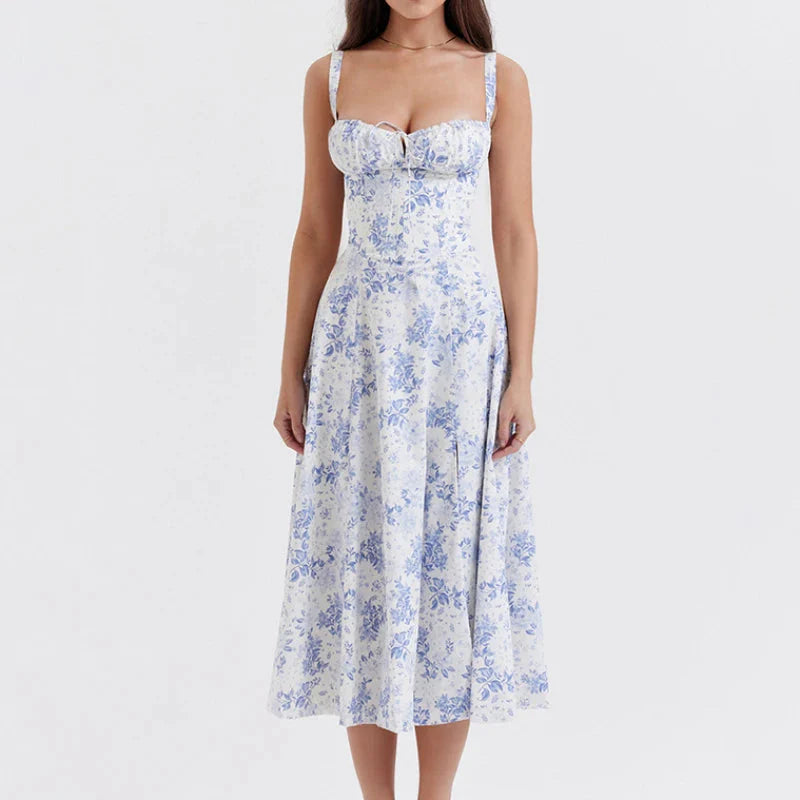 Boho Spaghetti Straps Tie Front Floral Dress