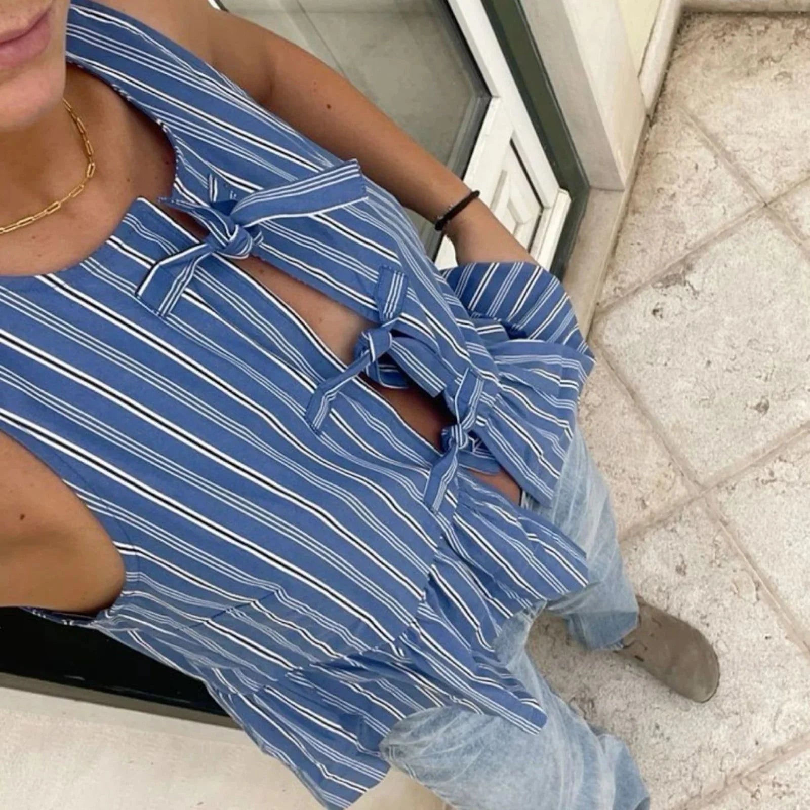 Striped Tie-Up Hollow Crop Top