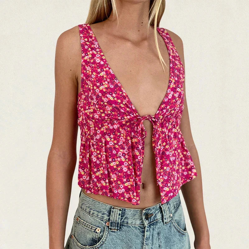 Tie Front Underbshopt Drawcord Floral Print V Neck Sleeveless Fairy Backless Crop Top
