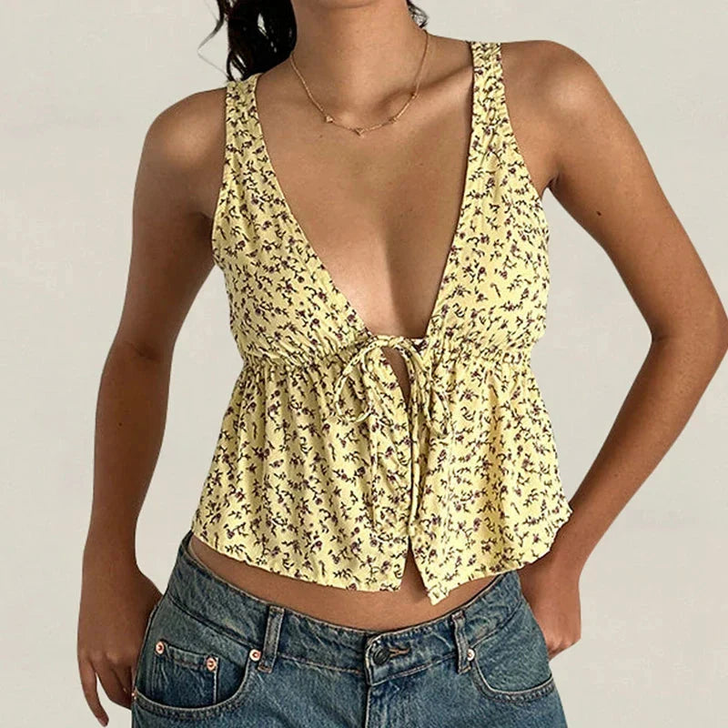 Tie Front Underbshopt Drawcord Floral Print V Neck Sleeveless Fairy Backless Crop Top