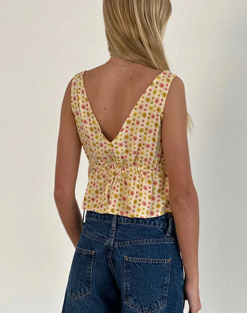 Tie Front Underbshopt Drawcord Floral Print V Neck Sleeveless Fairy Backless Crop Top