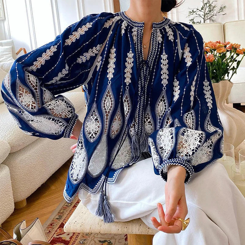 Navy Stitched Lantern Sleeve Ethnic Boho Top