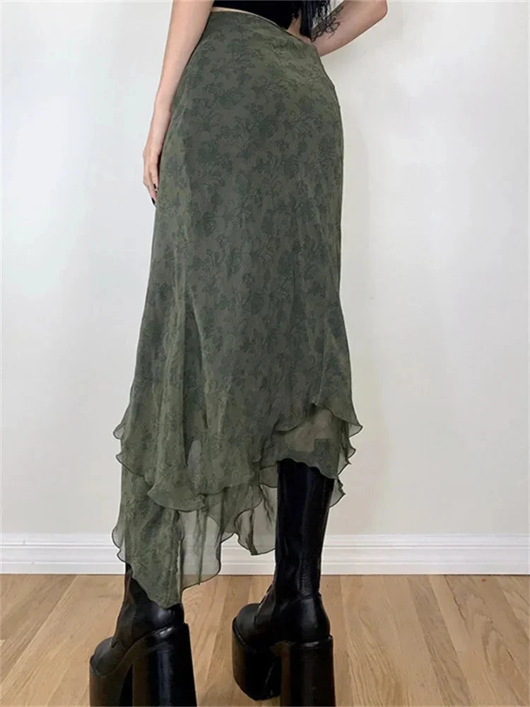 Vintage Floral Midi Skirt High Waist Mesh Irregular