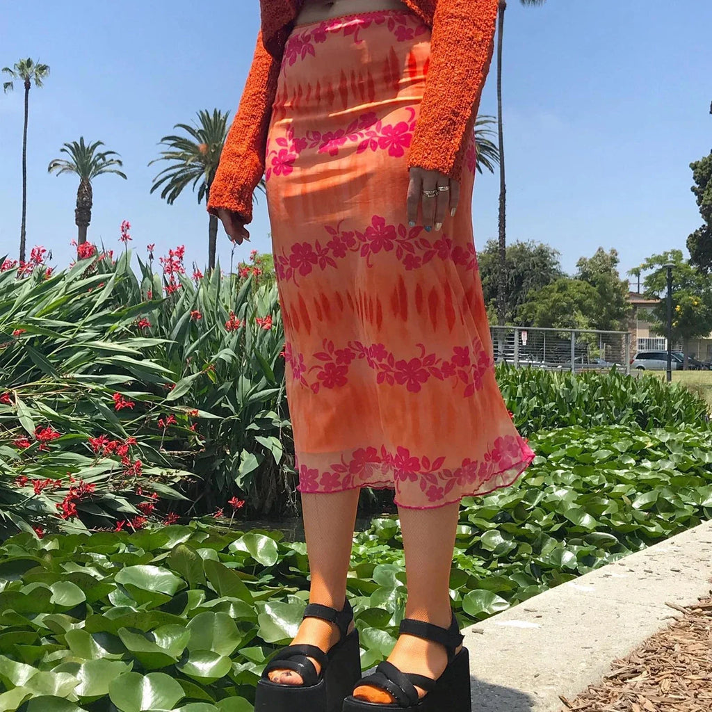 Aesthetic Floral Printed Skirt Bright Boho Casual Beach Skirt