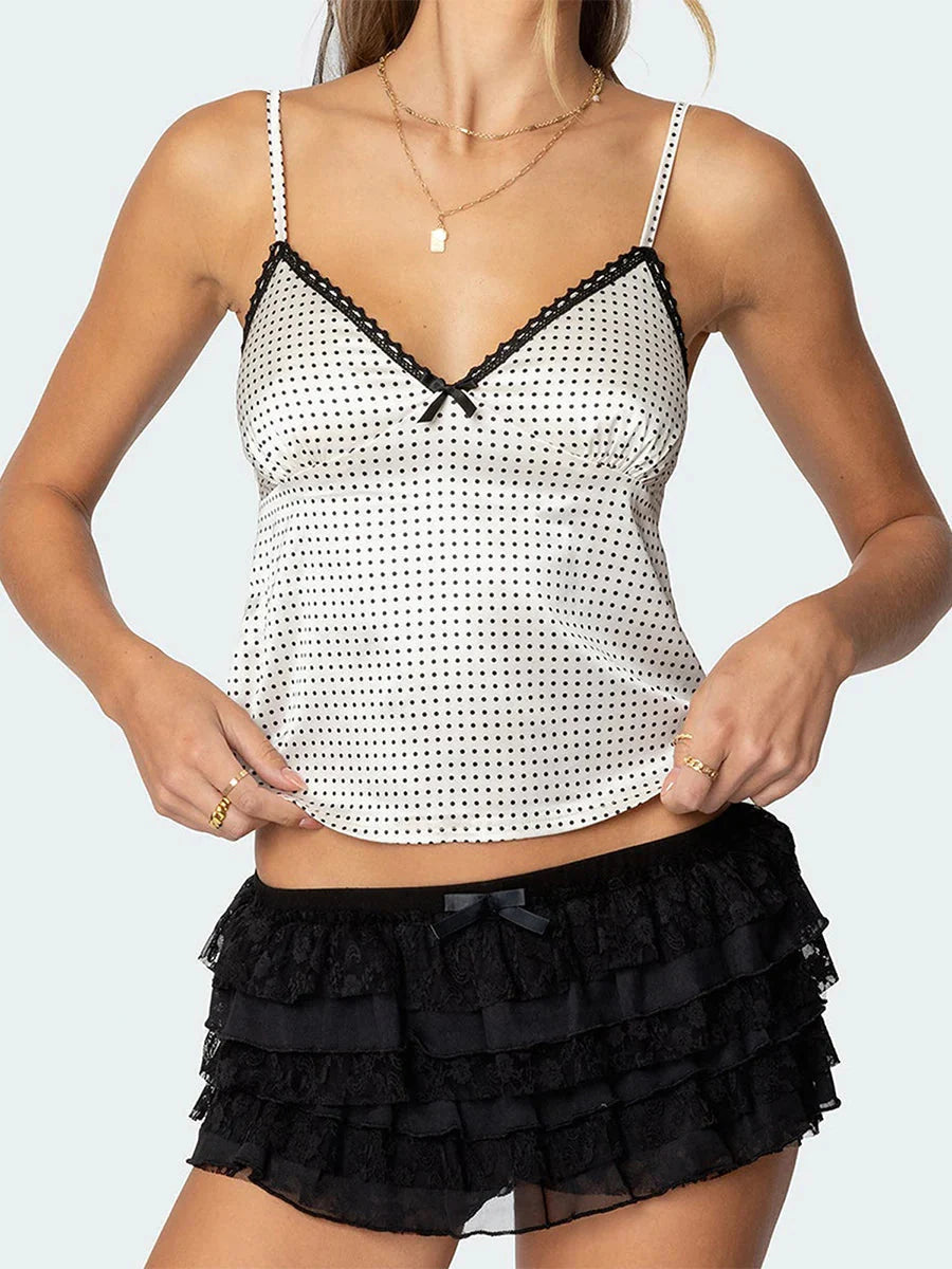 Dots Print Satin Lace Crop Top
